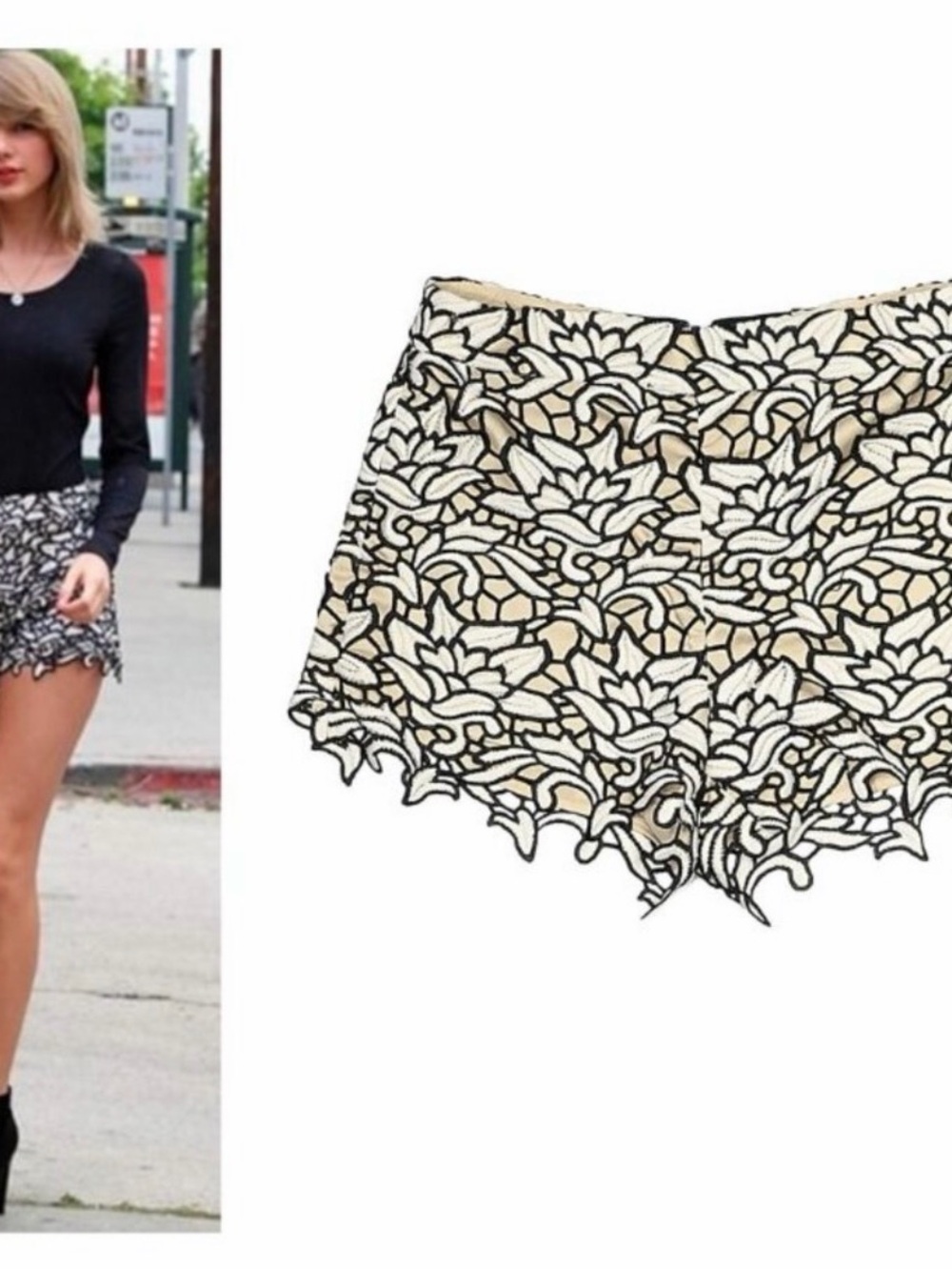 Alice + Olivia Black Lace Overlay Shorts with Cream Underlay